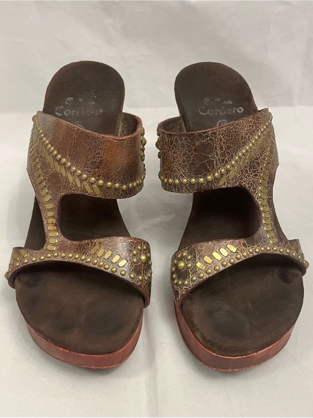 Calleen Cordero Brown Studded Leather Wedge Sandals 75
